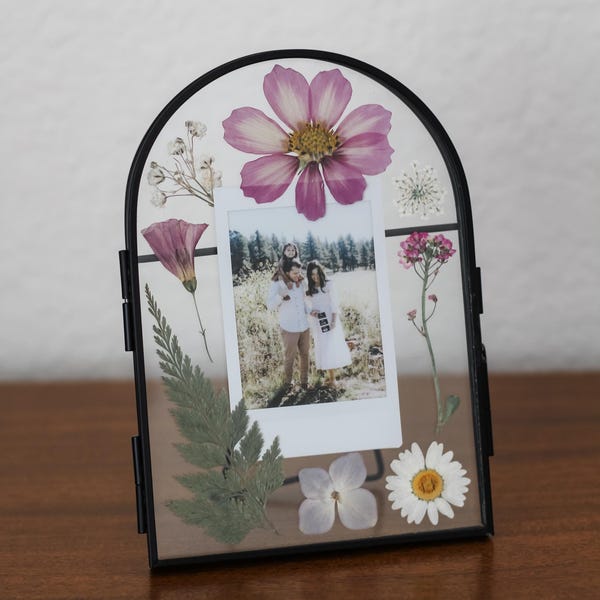 Pressed Flower Black Glass Frame with Polaroid | Personalized Photo Gift