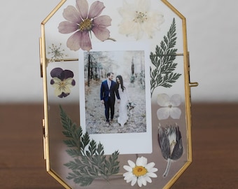 Pressed Flower Gold Glass Frame with Polaroid | Personalized Photo Gift