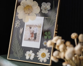 Pressed Flower Gold Glass Frame with Polaroid | Personalized Photo Gift