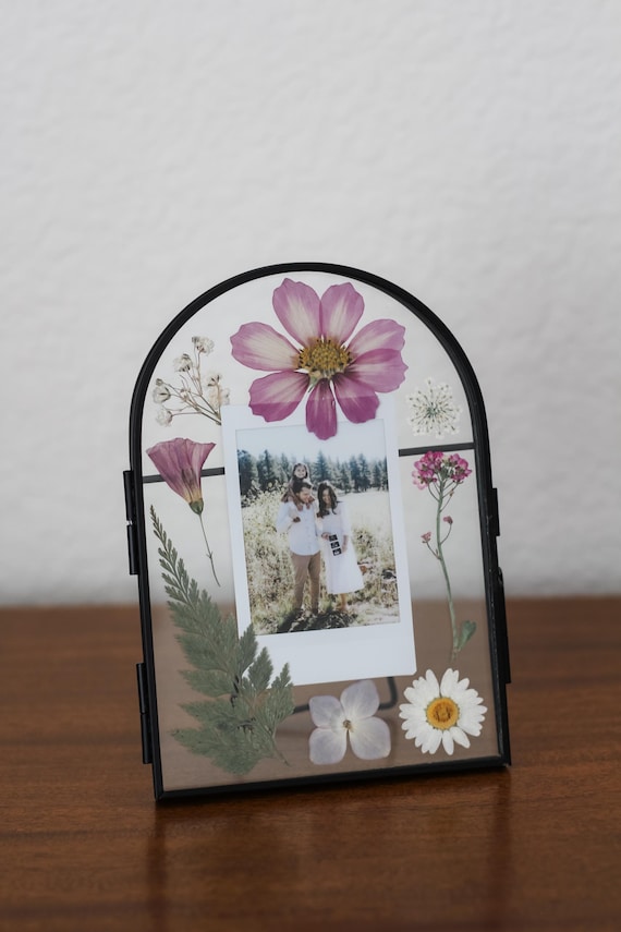 Pressed Flower Black Glass Frame with Polaroid | Personalized Photo Gift