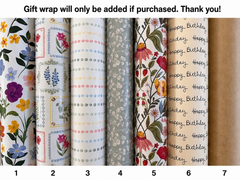 May include: Seven rolls of gift wrapping paper arranged side by side. Patterns include colorful wildflowers, framed botanical illustrations, pastel dots, a gray floral print, a vibrant garden motif, cream paper with Happy Birthday text, and plain brown.