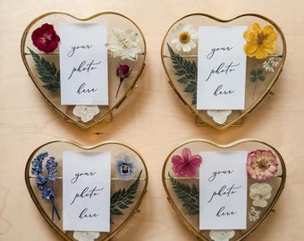 Pressed Flower Gold Glass Standing Heart Frame with Custom Polaroid | Personalized Photo Gift
