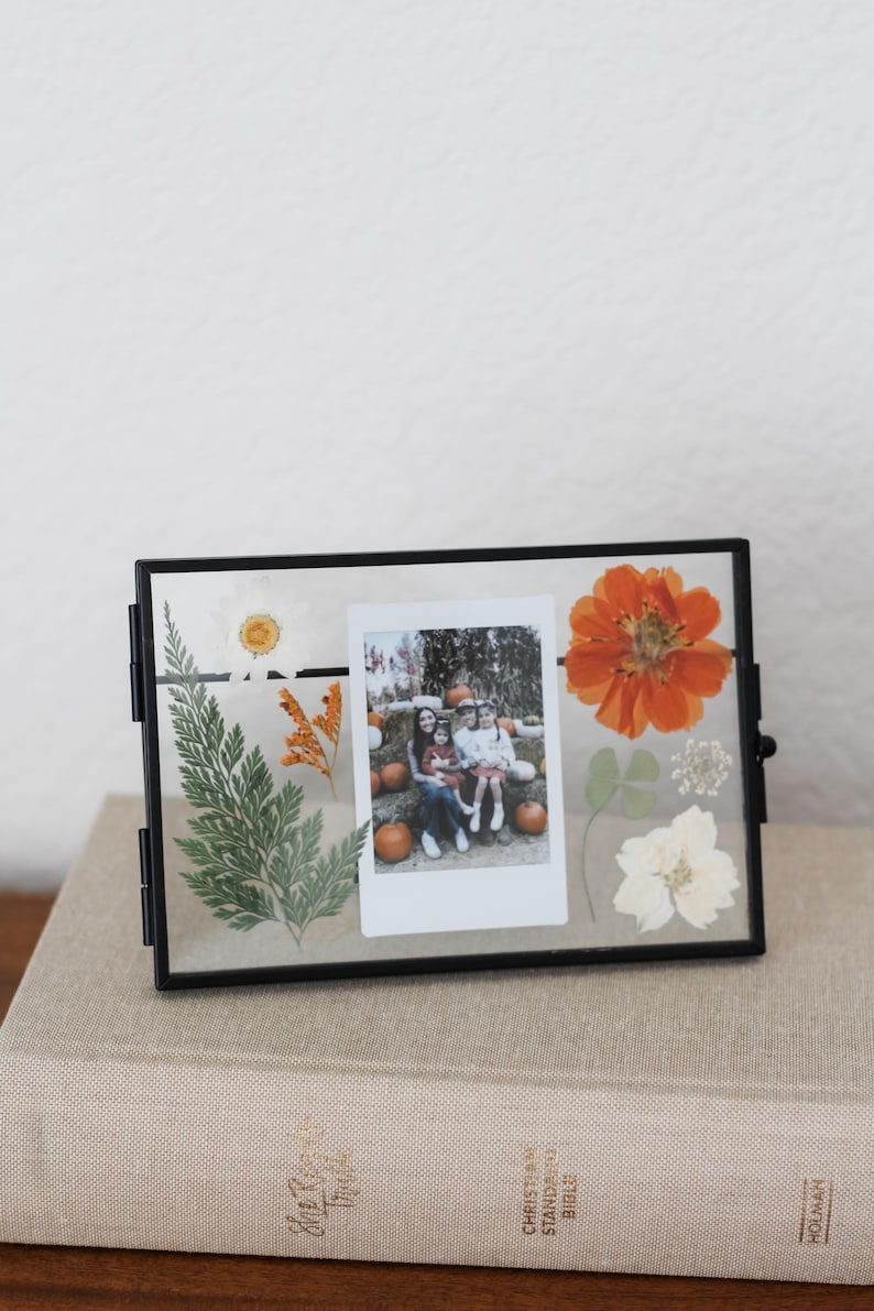 May include: A rectangular black metal floating frame containing a central instant photograph of a family sitting among pumpkins, surrounded by pressed botanical elements including a green fern, a white daisy, and an orange flower.