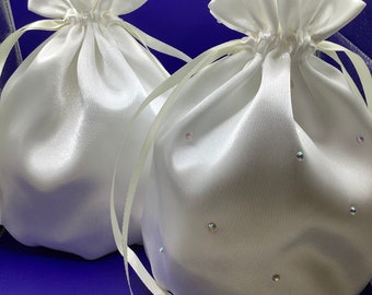 Larger Size Ivory Satin Wedding/ Bridal/ Dolly Bag with Rhinestone Diamante Trim or Plain