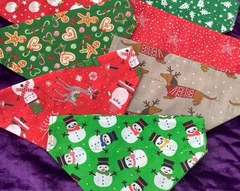 Dog Neck Bandana ~ Christmas ~ Slides on Collar ~ Gingerbread/ puddings / snowmen design ~ S, M , L ~ Gift, Present