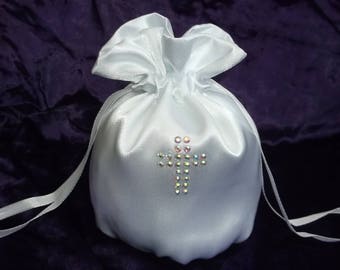 White Satin Communion/ Bridesmaid Dolly Bag with Rhinestone Diamante Cross