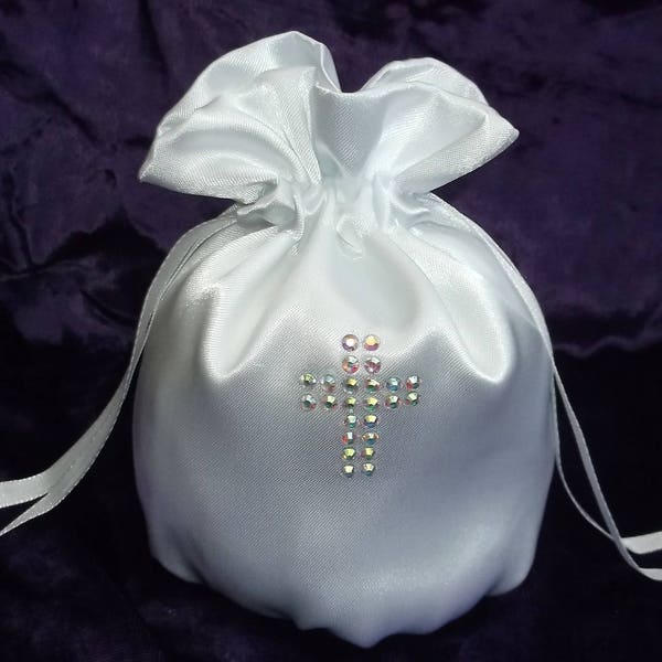 White Satin Communion/ Bridesmaid Dolly Bag with Rhinestone Diamante Cross