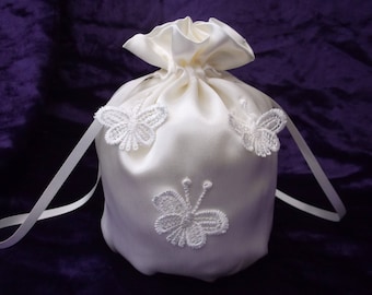 Ivory Satin Wedding/Bridal/Dolly Bag with Lace butterflies
