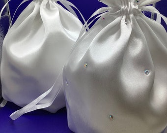 Larger Size White Satin Wedding/ Bridal/ Dolly Bag with Rhinestone Diamante Trim or Plain