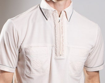 Vintage Men's Polo Shirt - 1970's Beige Medium Size Polyester Tee - 70's Disco Quarter Zip Geno Italy Shirt