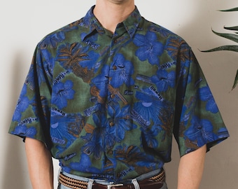 Vintage Blue Hawaiian Shirt - Medium Size Men's Button up Casual Short Sleeved Sunset Fauna / Floral Tiki Aloha Summer Tropical Beach Shirt