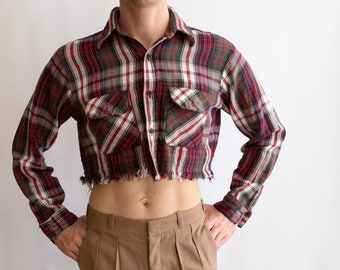 70's Cropped Shirt - Men's or Women's Long Sleeved Plaid Fringed Crop Top Button up Shirt