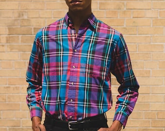 Vintage Men's Plaid Shirt - Chaps Ralph Lauren Medium Size Shirt - Checkered Outdoor Lumberjack Shirt - Button up Blue Western Wear