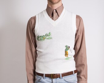 Vintage Men's x-Small Knit White Vest - Casual Preppy solid knit Sporty Autumn Golf Pullover Top with Golf Course Motifs