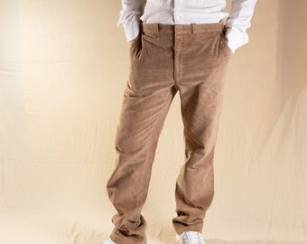 Vintage Mens Brown Corduroy Pants W35 Pleated Dress Pants