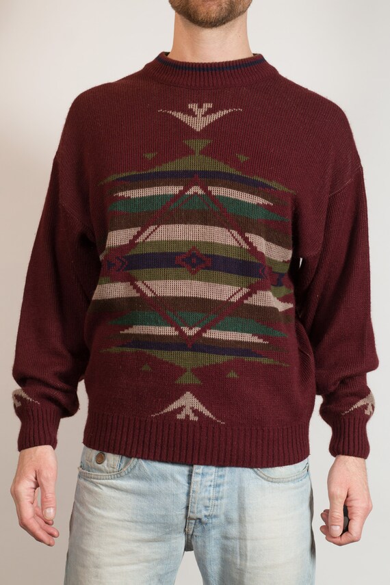 Vintage Knit Sweater - Men's Medium Size Burgundy… - image 2
