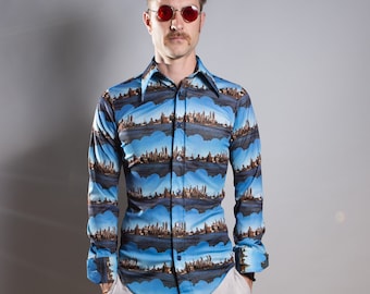 70's Vintage Cityscape Shirt - Men's Small Casual Long Sleeved Disco Shirt from Toronto, Canada