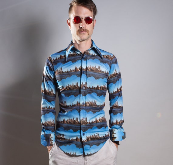 70's Vintage Cityscape Shirt - Men's Small Casual… - image 1