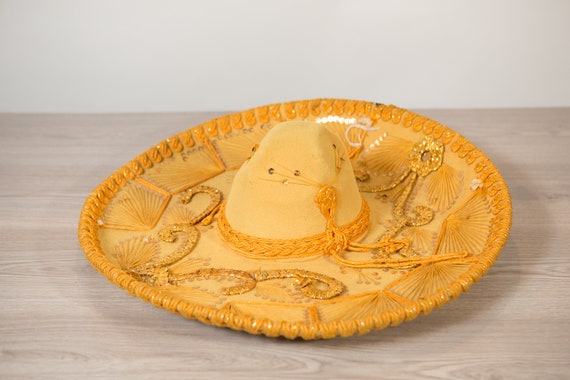 Vintage Sombrero - Large Yellow Velour Mexican Hat