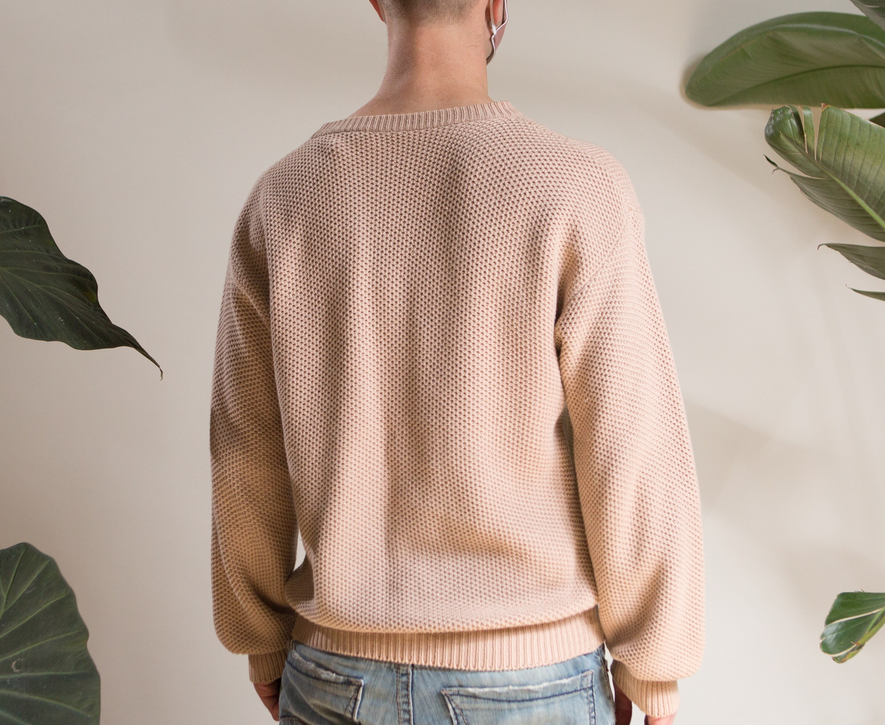 PrincipalVintage Vintage Beige Sweater - Men's Chunky Knit Large Size Sand Colored Pullover Crew Neck Jumper for Him - Gift for Dad - Christmas Sweater