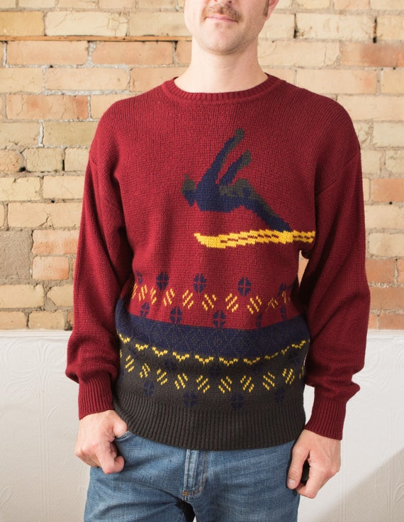 PrincipalVintage Vintage Red Sweater - Mens/Women's Medium Christmas Holiday Pullover Jumper - Downhill Ski Jump Knit - Stocking Stuffer