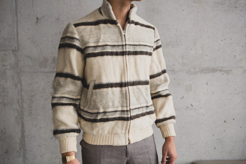 Geometric Large Size Wool Zip up Bomber Coat for Him Men/'s Icelandic Striped Knit Vintage Wool Jacket Scandinavian Iceland Fashion