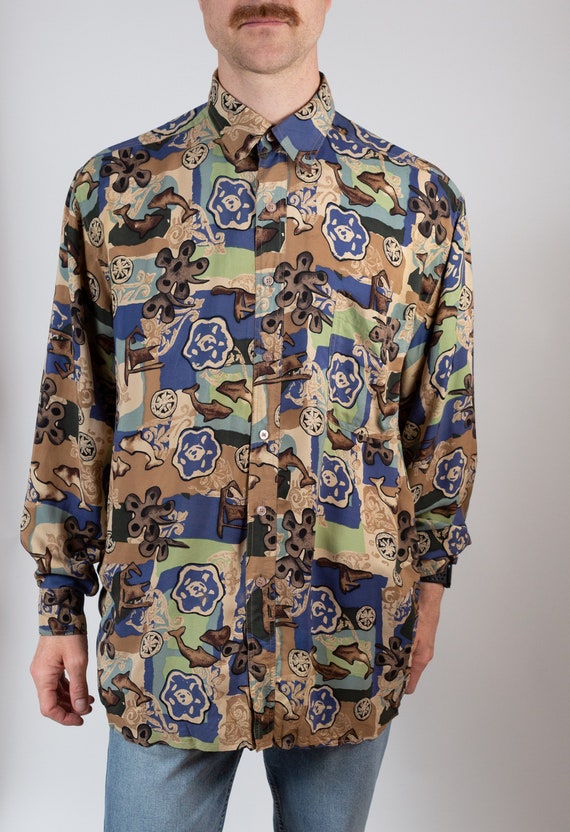 Vintage Abstract Silk Shirt - 90's Large Size Men… - image 4