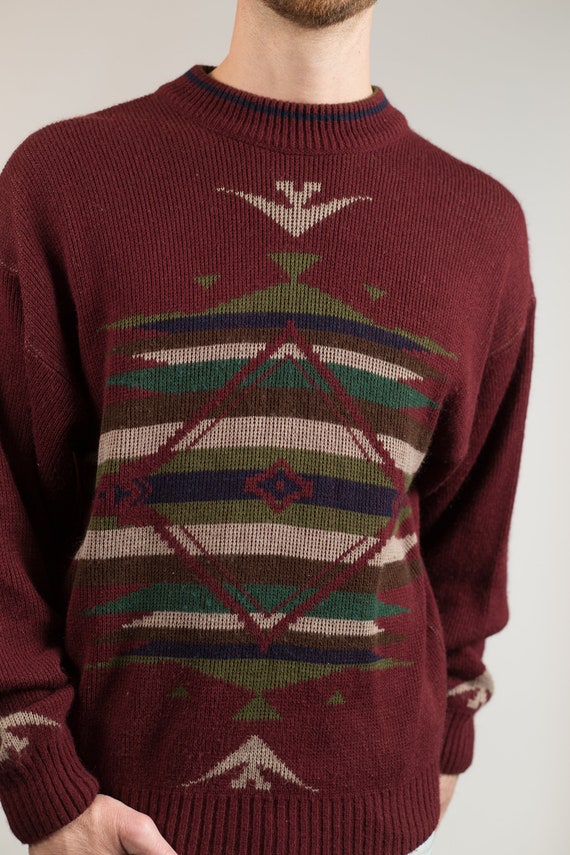 Vintage Knit Sweater - Men's Medium Size Burgundy… - image 5