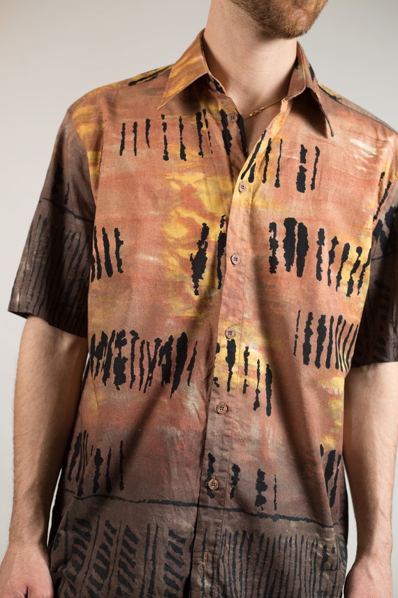 Vintage Men's Tribal Shirt - Ombre Tie Dye Browni… - image 7