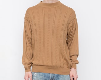 Vintage Tan Sweater - Men's Medium Size Dark Beige Coloured Sweater - Long Sleeve Pullover / Jumper - Italian Made