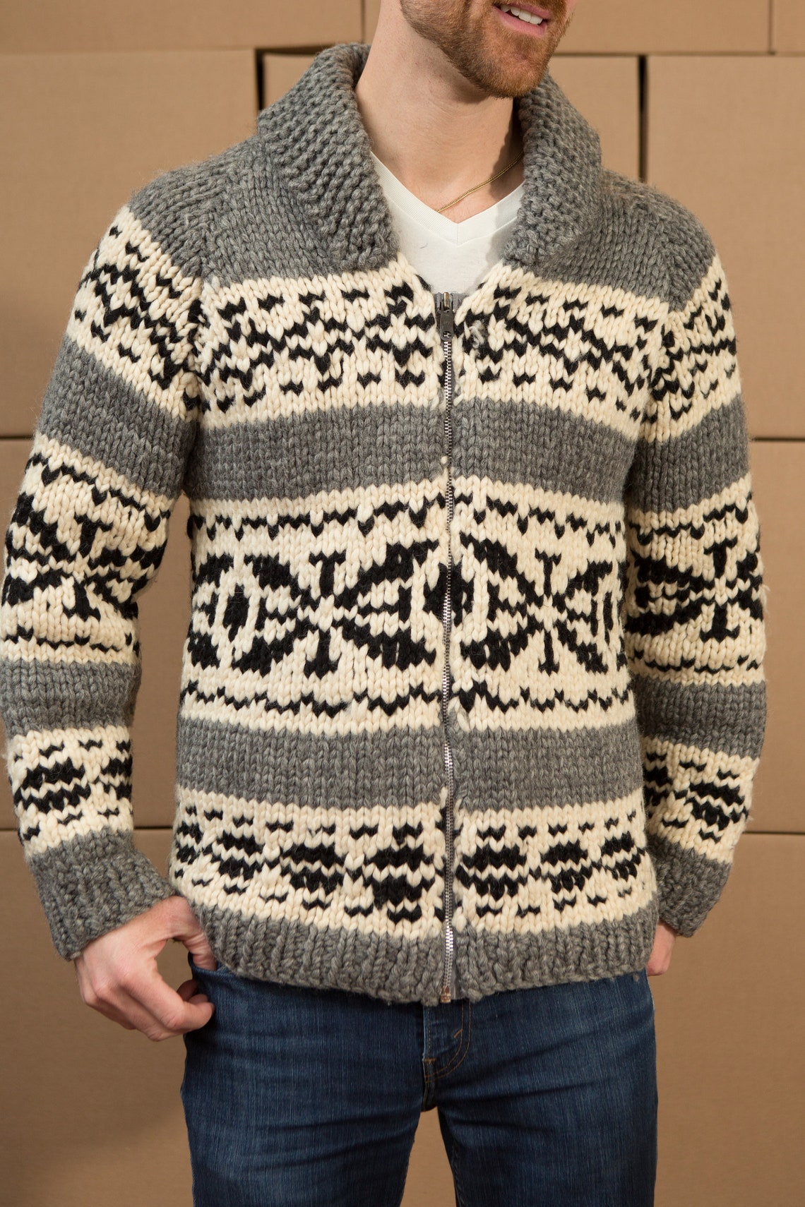 Vintage Cowichan Sweater Classic Canadian Knit Geometric Etsy