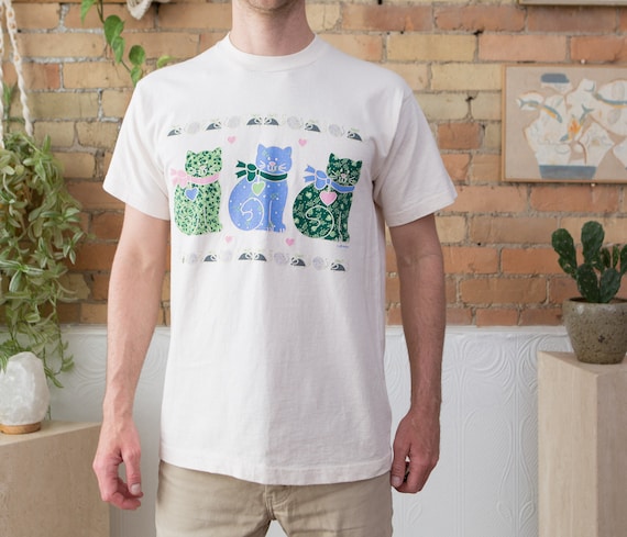 Vintage Cat Shirt - Large Size Athletic Tee with C