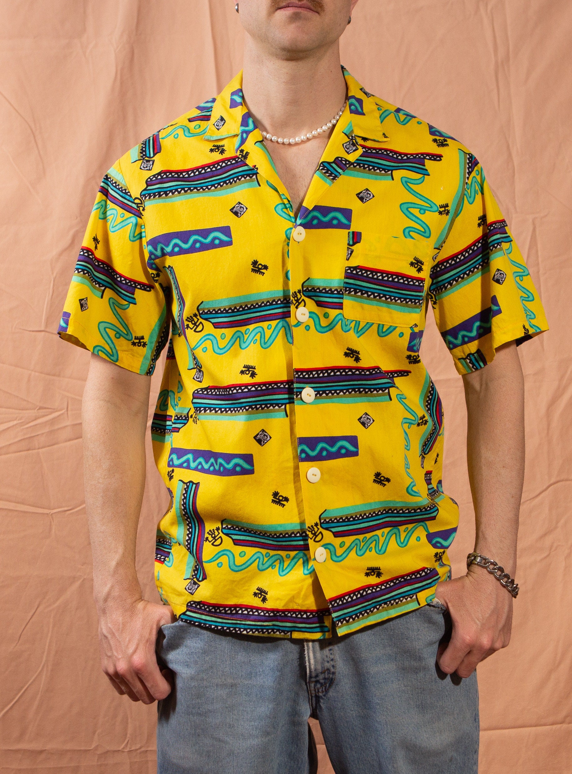 Vintage Abstract Shirt .men's Yellow 