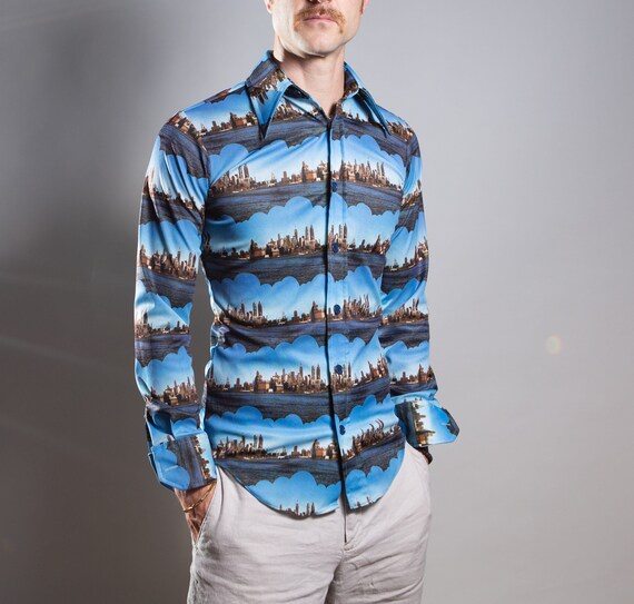 70's Vintage Cityscape Shirt - Men's Small Casual… - image 6