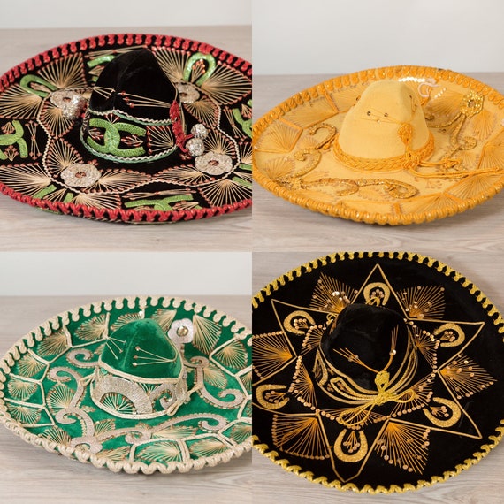 4Vintage Sombrero Hats - Large Yellow Velour Mexic