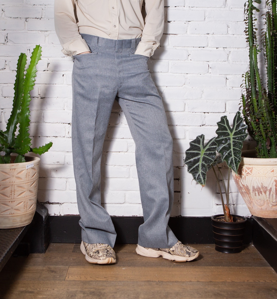 Vintage Mens Trousers With Suspenders W33 Grey Dress Pants