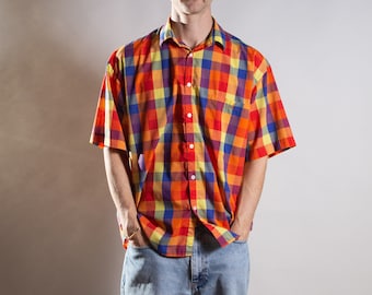 Vintage Men's Checkered Shirt - Large Size 80's Multicolored Rainbow Shirt -Short Sleeve Button up Top