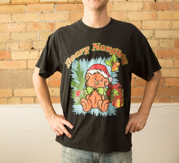 Vintage Christmas Bear Shirt - Men's XL Size Black