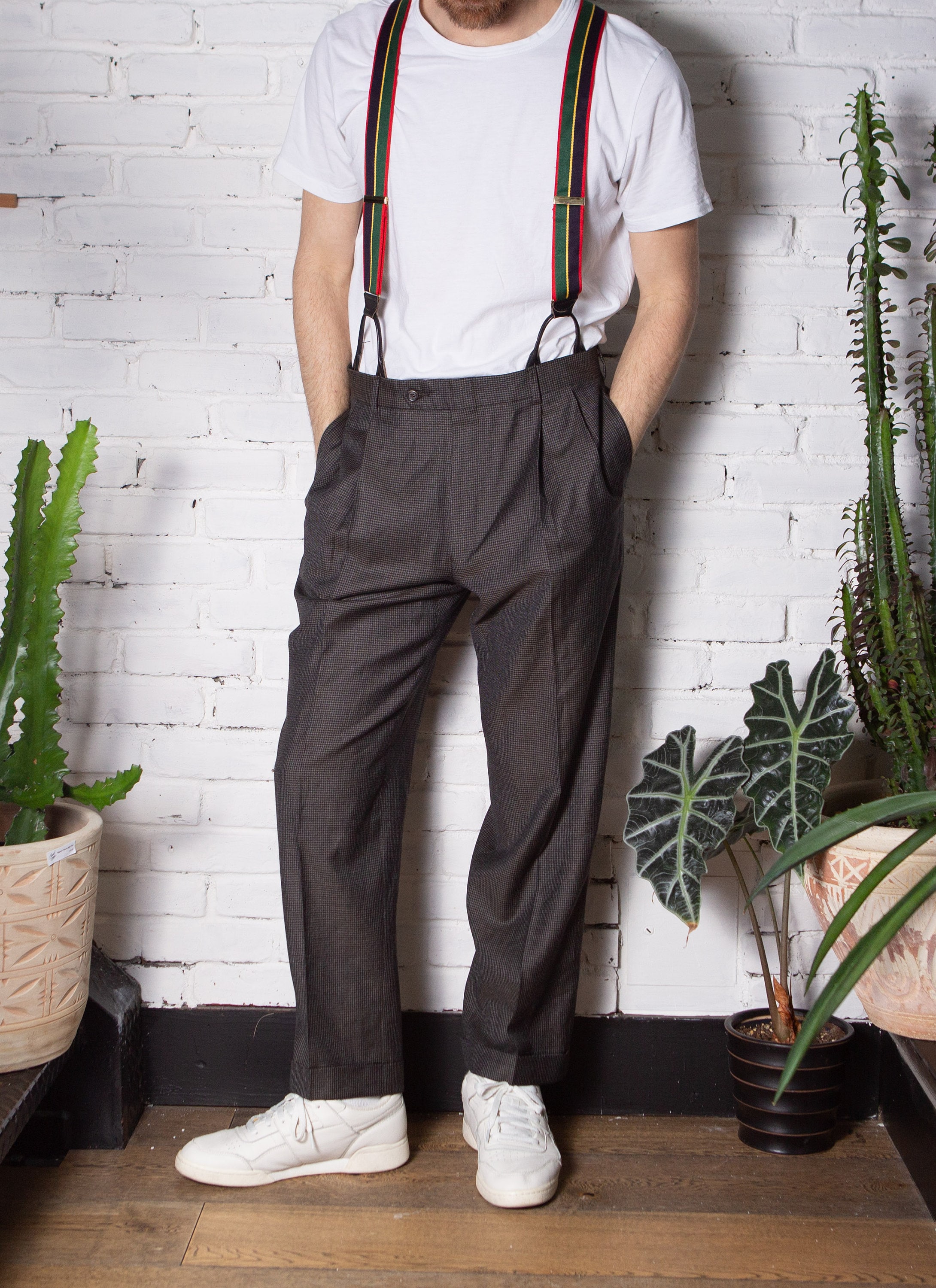 Vintage Mens Trousers with Suspenders - W35 Brown Houndstooth Dress Pants  with Suspenders - Formal Event - Wedding Groom Groomsman Pants