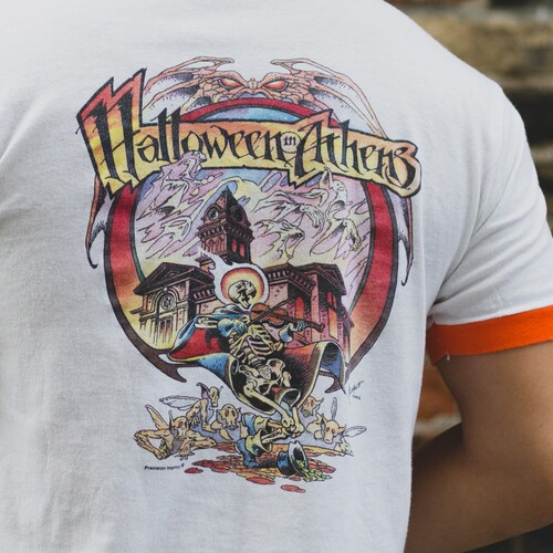 Vintage Halloween Shirt - Men's Medium Orange and White Halloween in Athens Tee - Vintage T-shirt - Made in USA