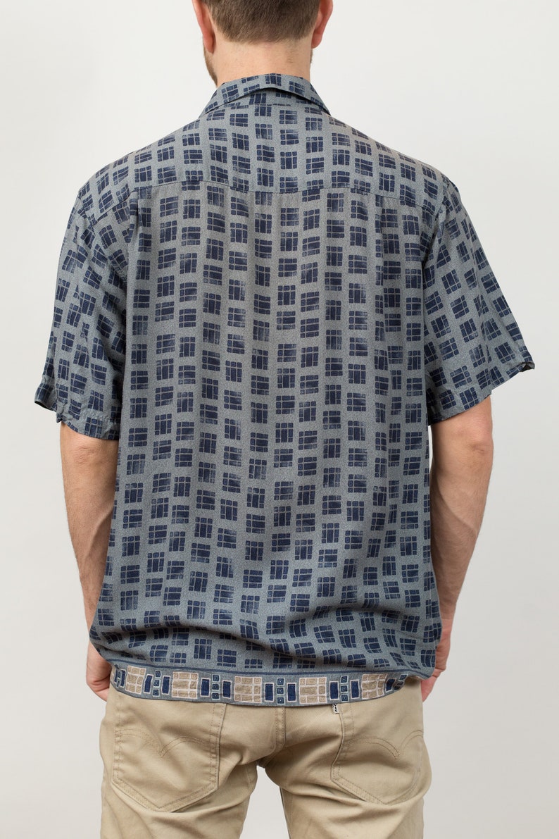 Vintage Geometric Shirt Men'sMedium Size Button up Casual Short Sleeved Blue Summer Beach Shirt image 6