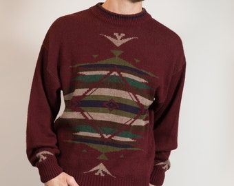 Vintage Knit Sweater - Men's Medium Size Burgundy Red Knit Sweater with Abstract Southwest Navajo Aztec Pattern - Retro Pullover Jumper