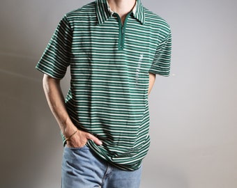 Men's Polo Shirt - Vintage 90's Medium Size Green and White Stripe Tee - Short Sleeve Summer Sears R&R Quarter Zip Shirt