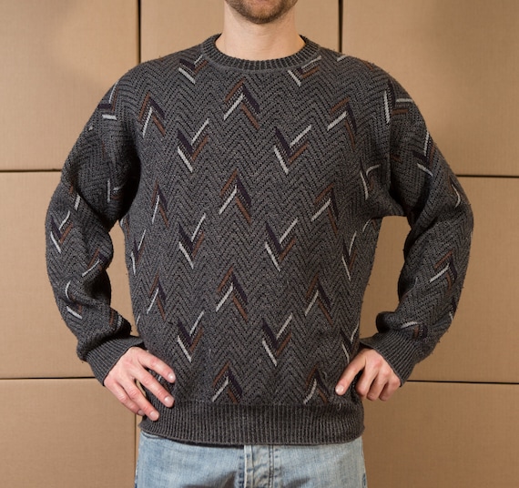 grau blau und dunkelgrüner True Vintage Oversize Pullover, geometrisches Muster, Größe S grau blau und dunkelgrüner True Vintage Oversize Pullover, geometrisches Muster, Größe S