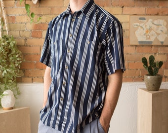 Vintage Striped Shirt - Men's Button Down Blue and White Vertical Stripe Oxford - Medium Size Short Sleeved Dad Shirt