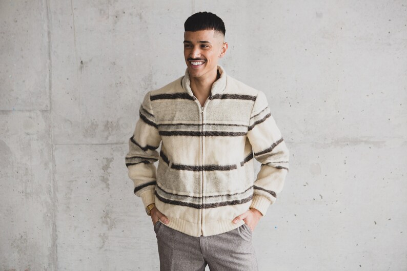 Geometric Large Size Wool Zip up Bomber Coat for Him Men/'s Icelandic Striped Knit Vintage Wool Jacket Scandinavian Iceland Fashion