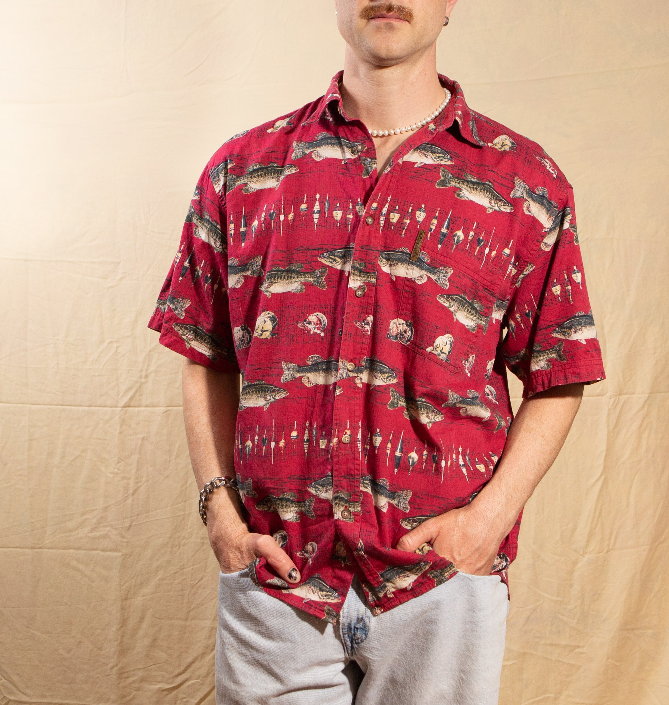 Vintage Fishing Shirt Men's Medium Size Button up Red Etsy