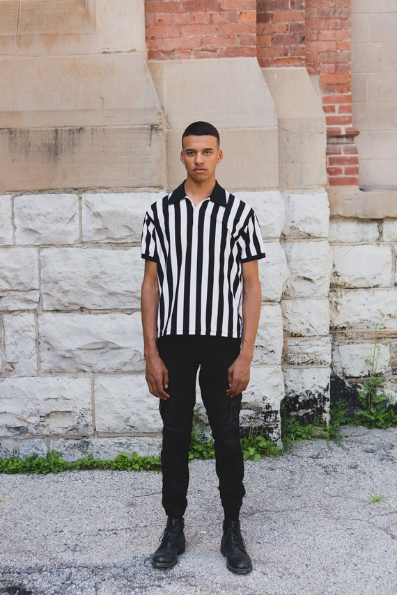 Men's 70's Striped Polo Shirt - Black and White F… - image 1