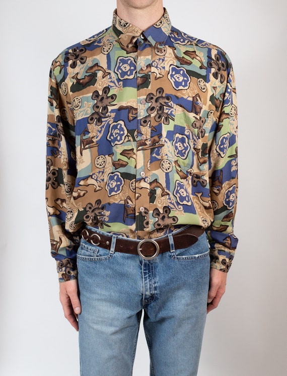 Vintage Abstract Silk Shirt - 90's Large Size Men… - image 10