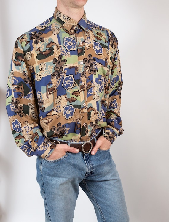 Vintage Abstract Silk Shirt - 90's Large Size Men… - image 1